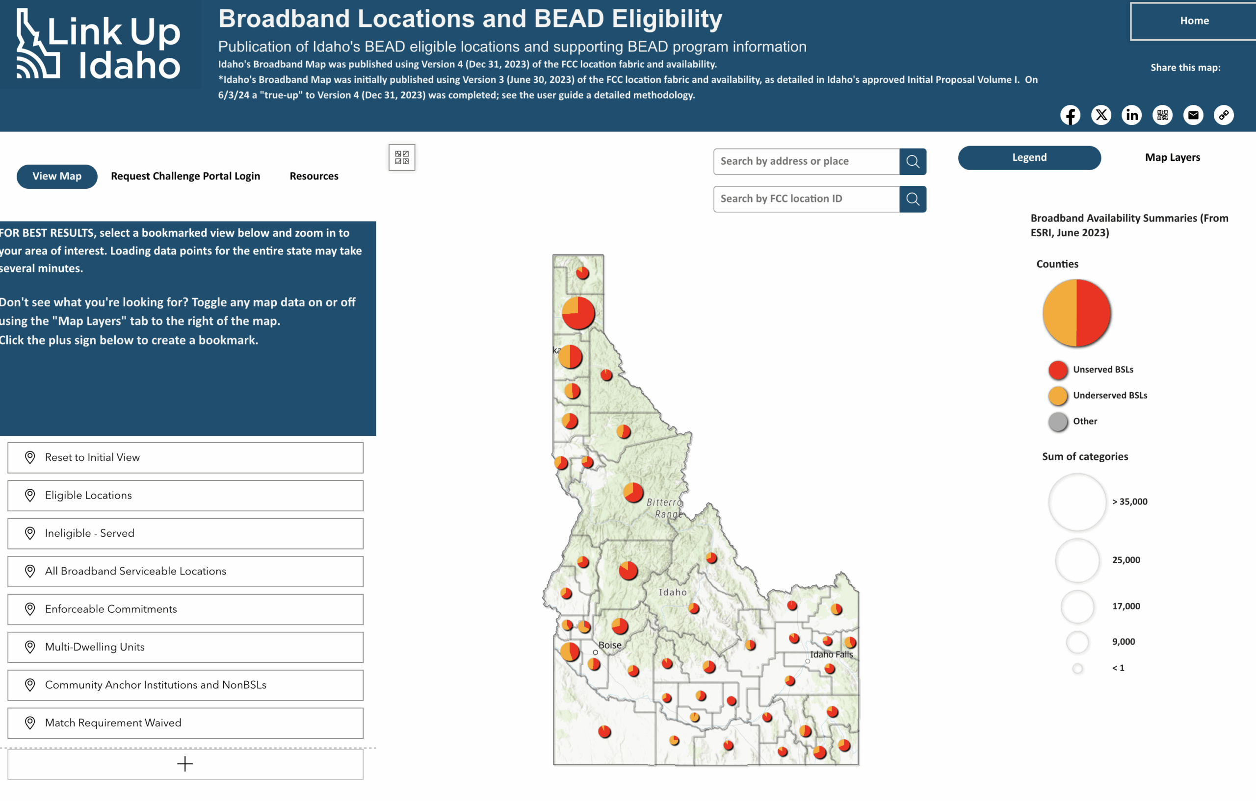 Idaho’s Broadband Locations and BEAD Eligibility map, from Link Up Idaho, on ArcGIS