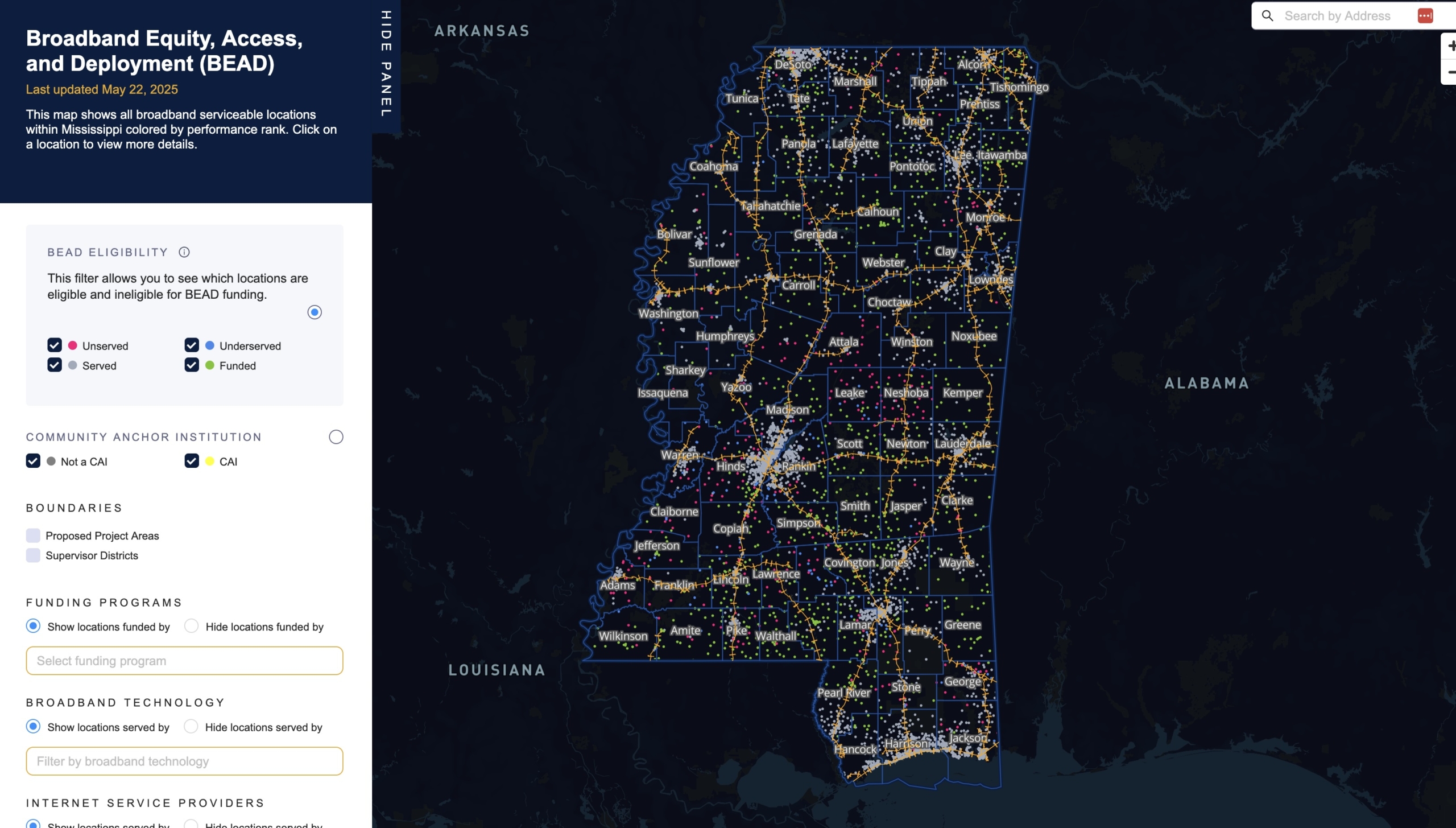 Broadband Equity, Access, and Deployment (BEAD) serviceable areas map, May 22, 2025.