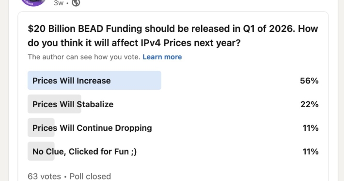 poll: $20 Billion BEAD Funding should be released in Q1 of 2026. How do you think it will affect IPv4 Prices next year?